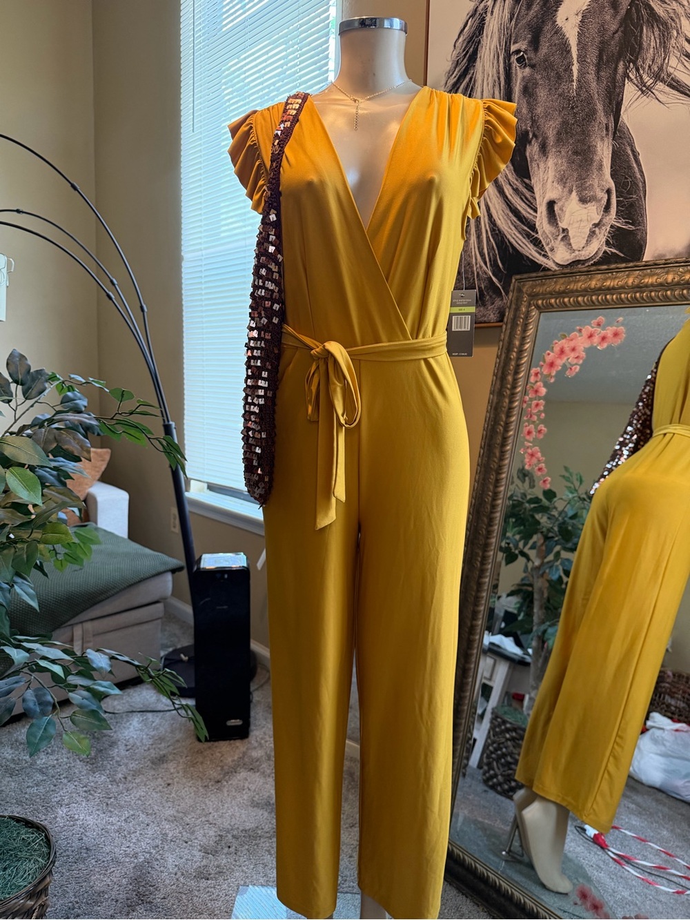 Sharagano Yellow V-Neck Flutter Sleeve Jumpsuit Size 4
